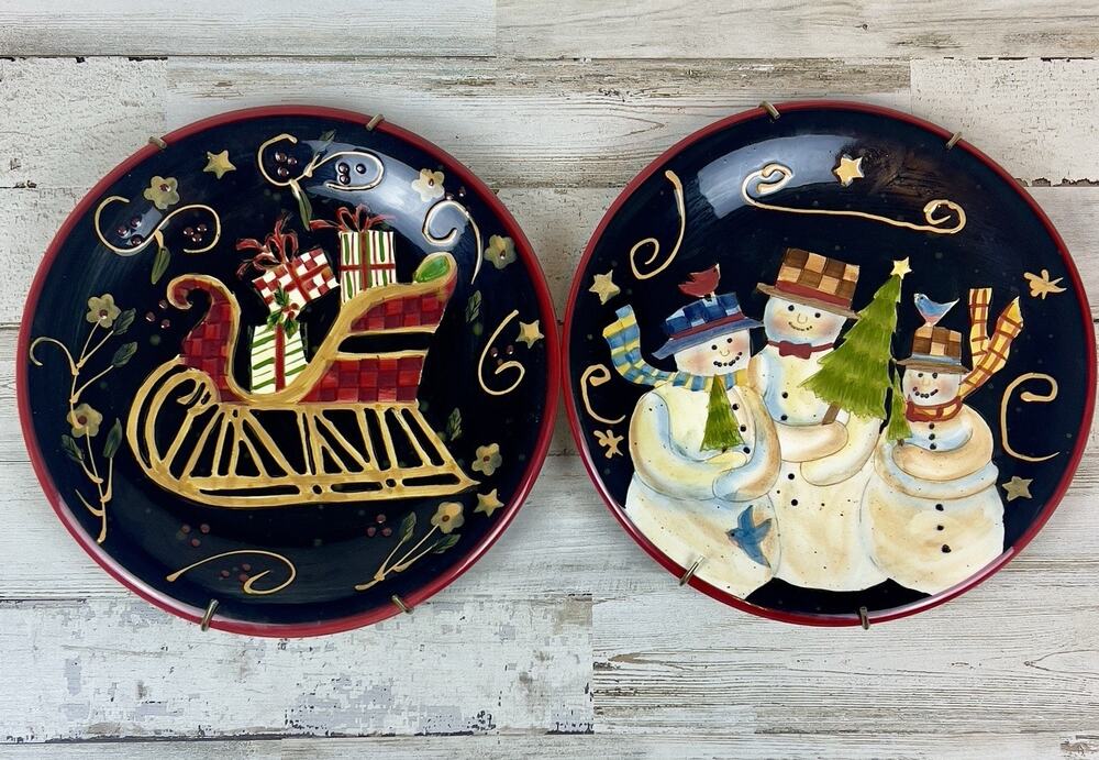 Susan Winget Christmas Plates Set of 2 Snowman Sleigh Certified Intl Wall Decor